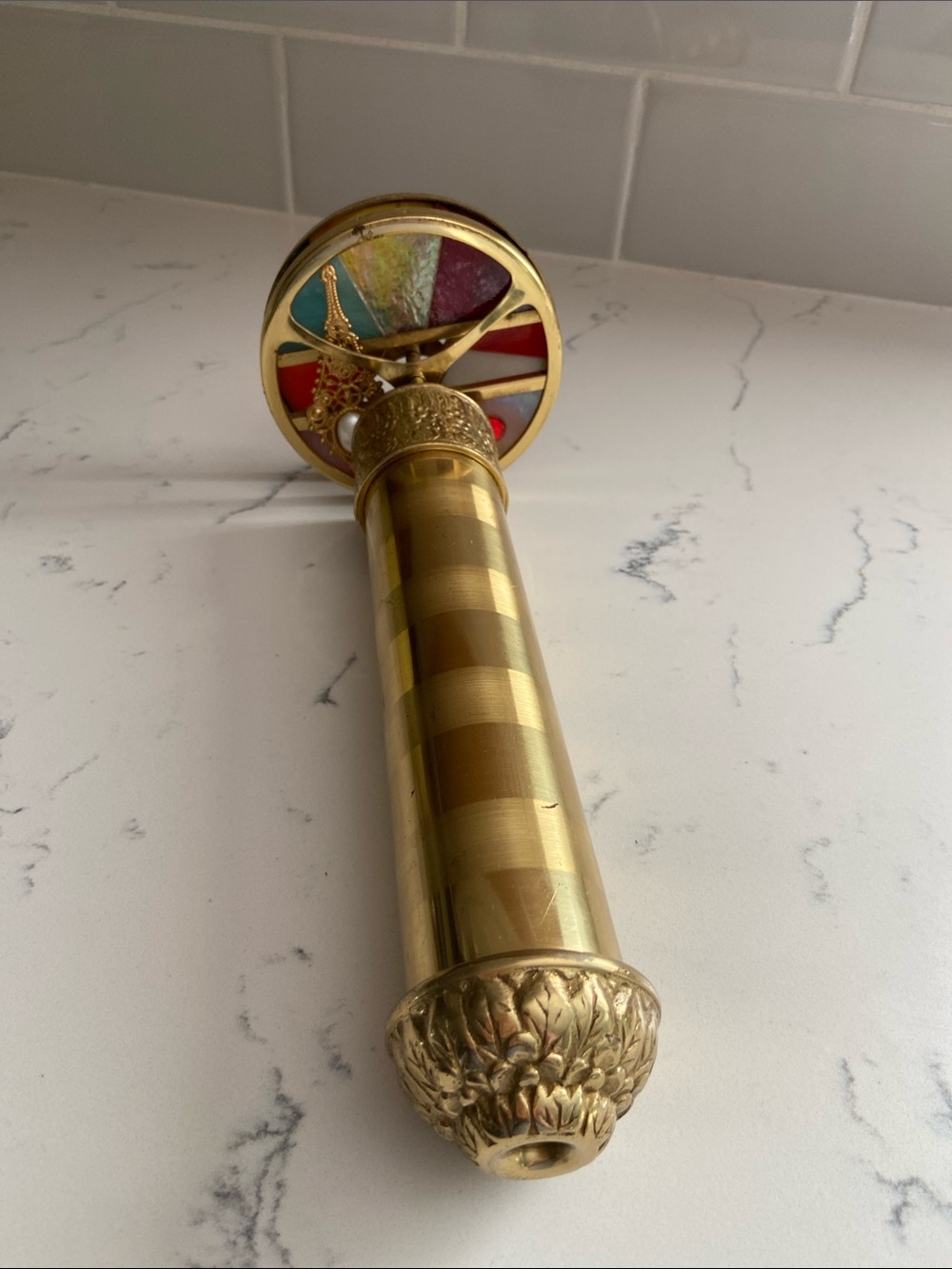 Ornate Brass Double Wheel Kaleidoscope Stained Glass 11โ